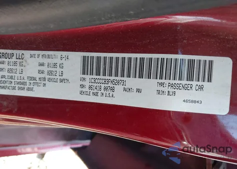 2015 Chrysler 200 C из США, поврежденный, VIN 1C3CCCCB3FN520731